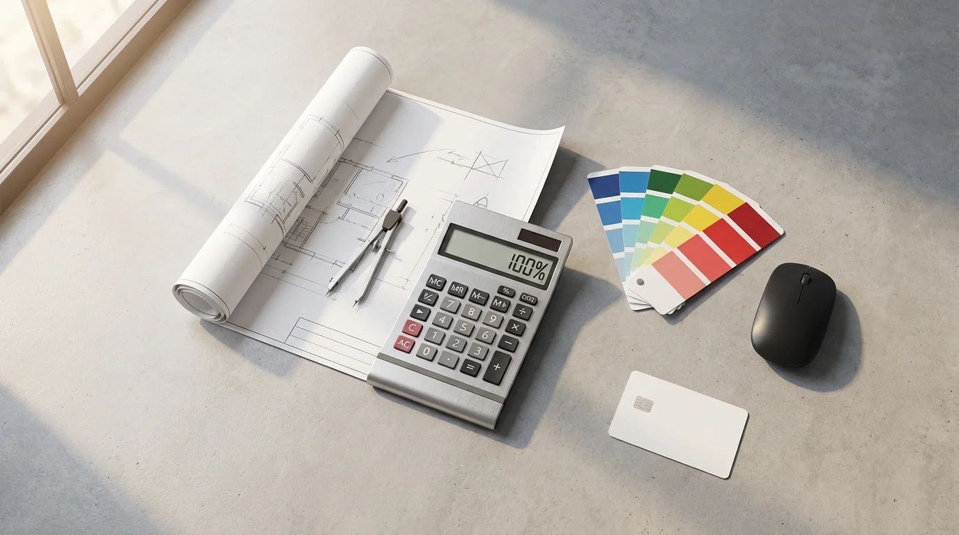 Flat lay of blueprint, calculator, color swatches, and credit card representing sales psychology.