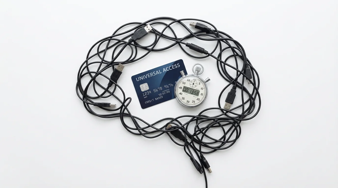 Flat lay of brain silhouette made of wires containing a credit card and stopwatch.