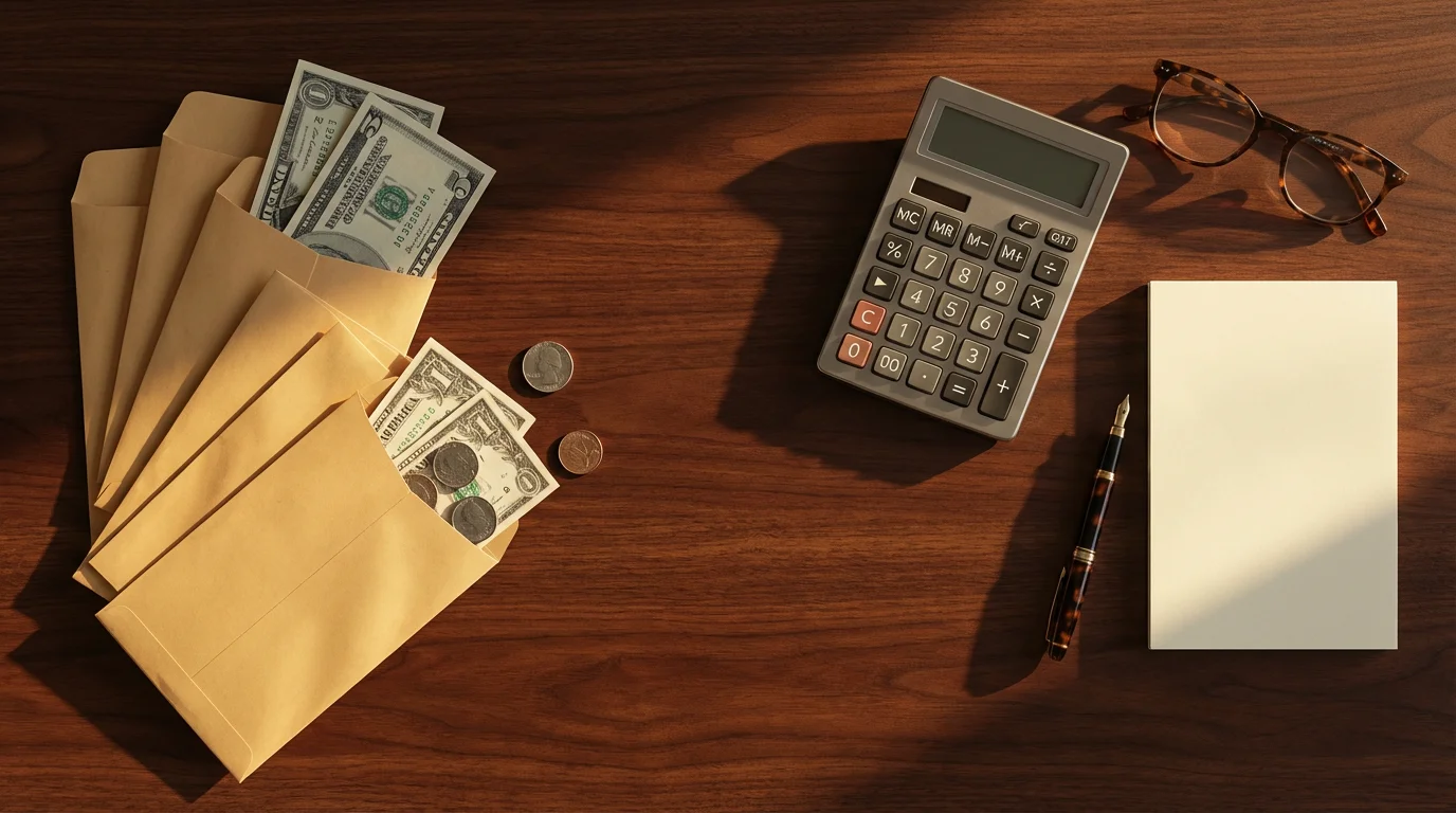 Flat lay of cash envelopes, a calculator, eyeglasses, and a pen on a desk.