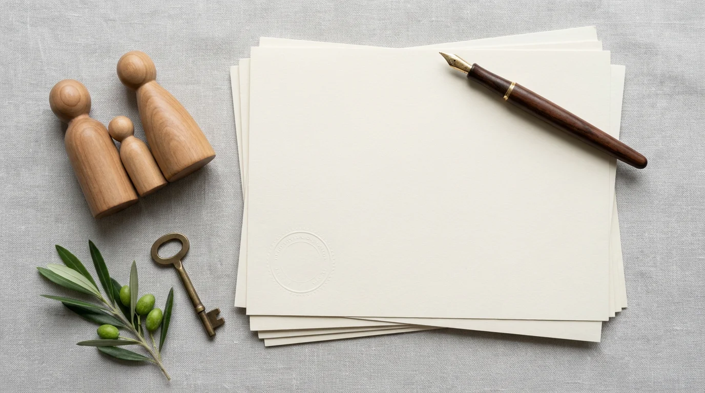 Flat lay of estate planning items: documents, a pen, key, and wooden family figures.