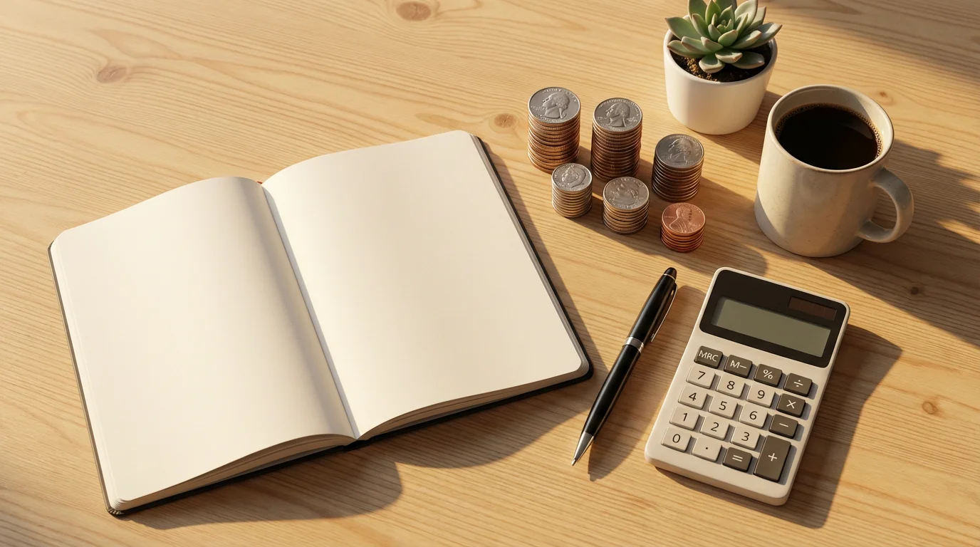 Flat lay of financial planning items like a calculator and sorted coins at sunset.