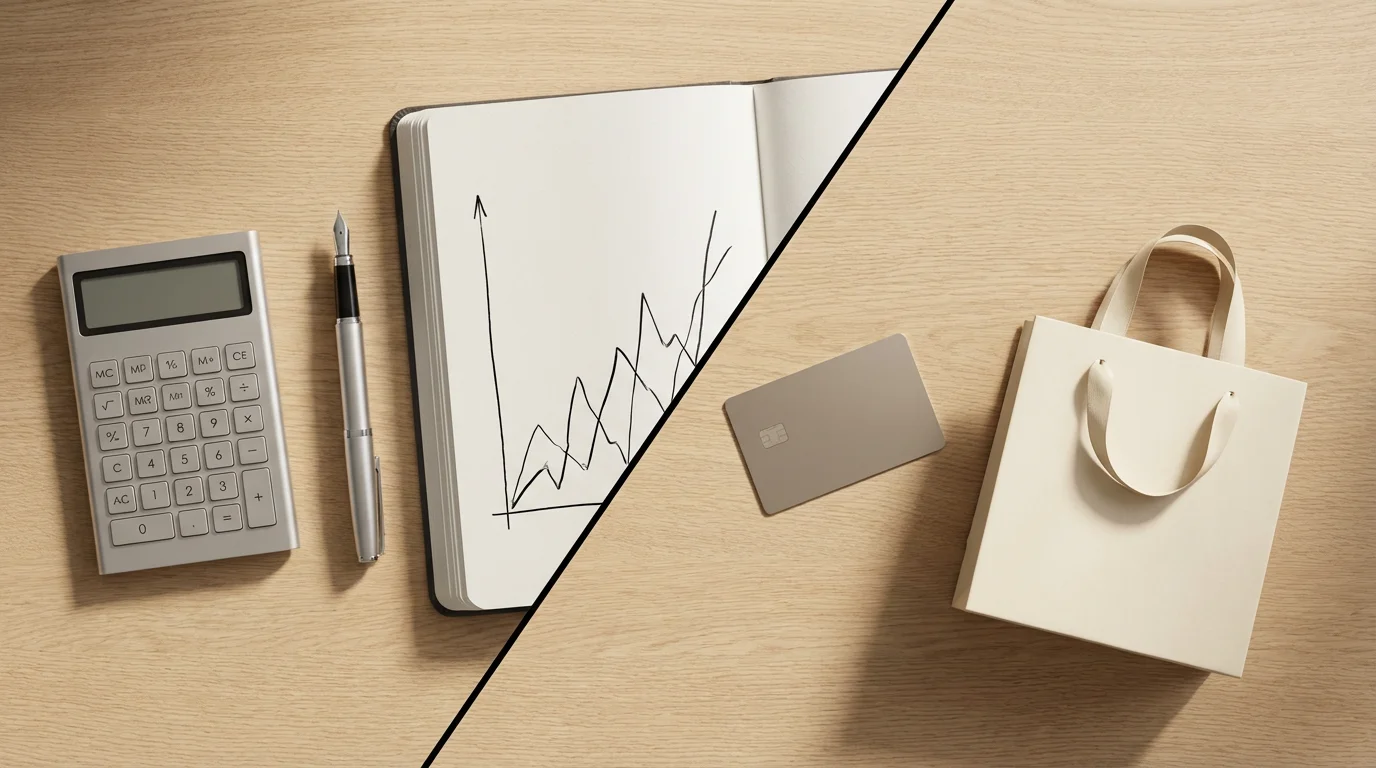 Flat lay of financial planning tools like a calculator and notebook next to a credit card.