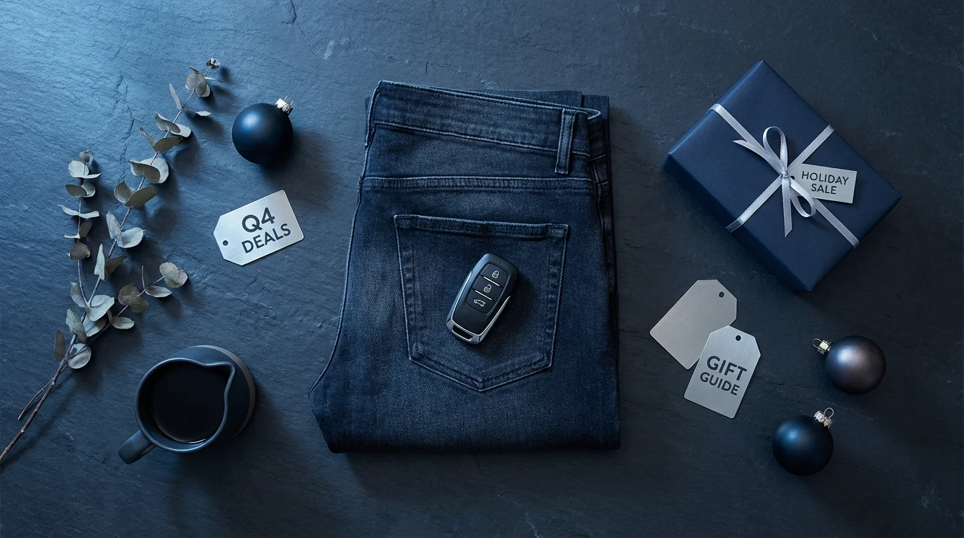 Flat lay of folded jeans, a car key, and a gift box in cool light.