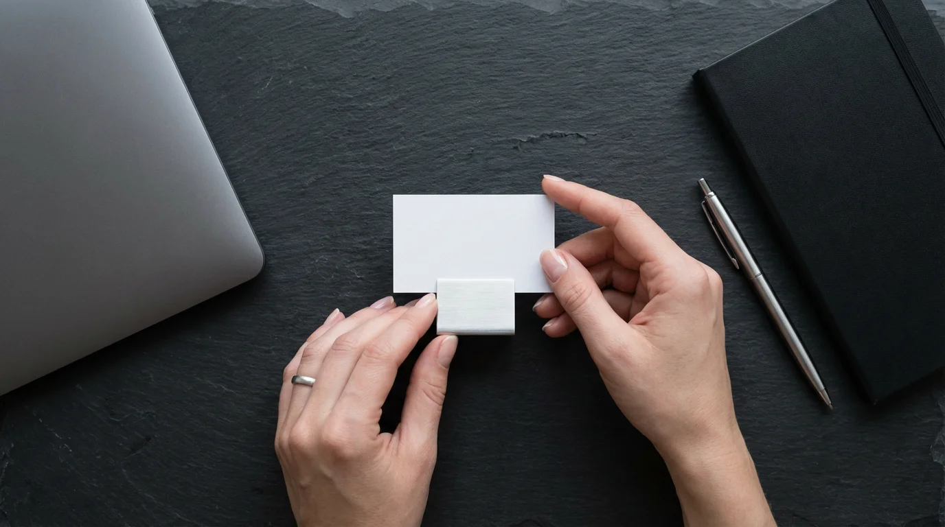 Flat lay of hands placing a blank price tag holder on a dark desk.