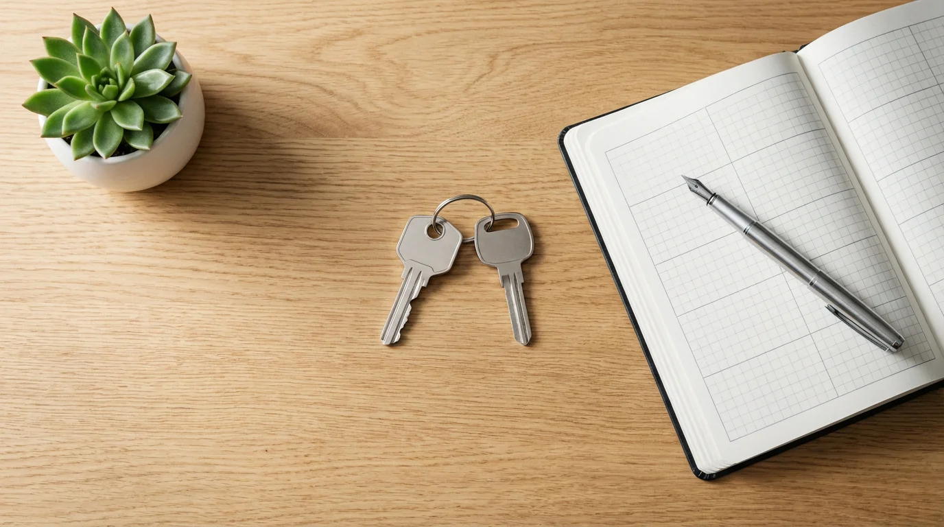 Flat lay of house and car keys next to a minimalist planner on a desk.