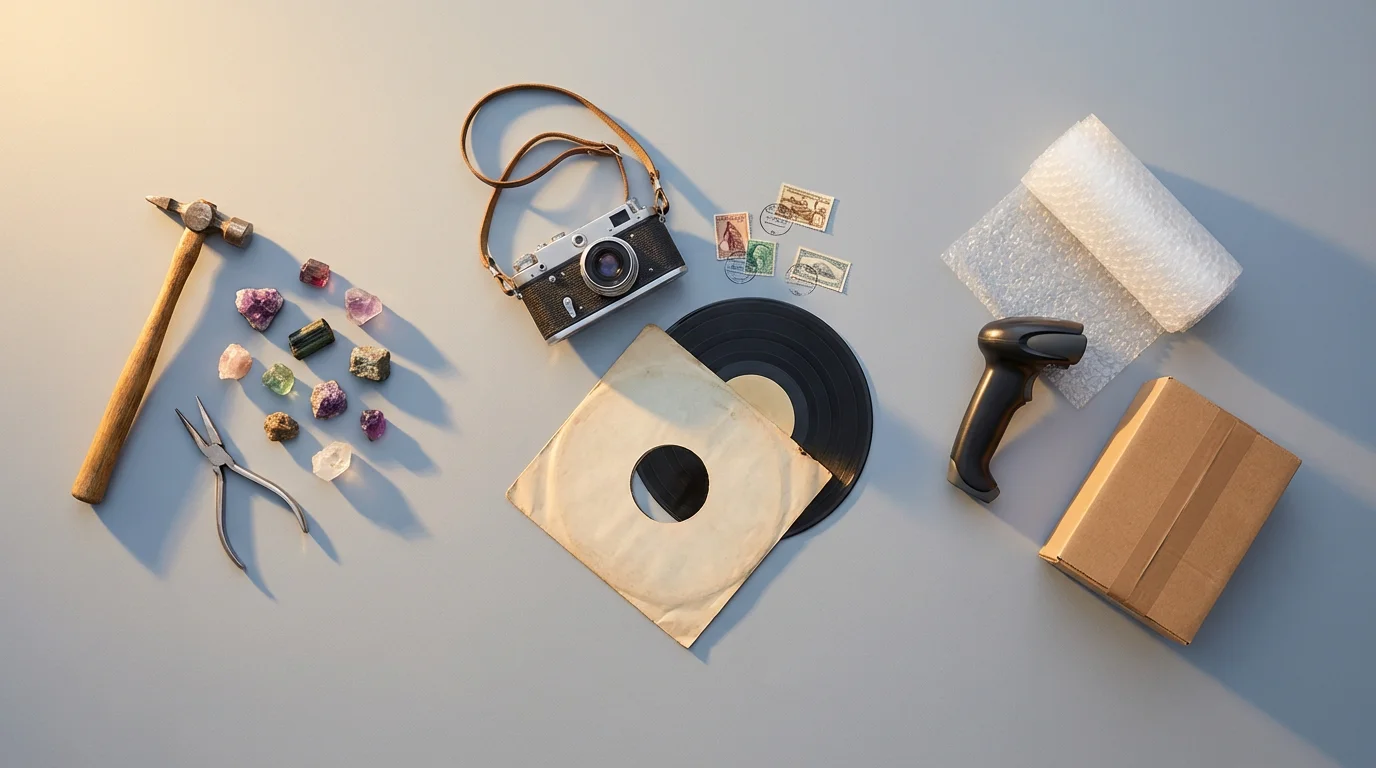 Flat lay of items representing Etsy, eBay, and Amazon platforms on a slate background.