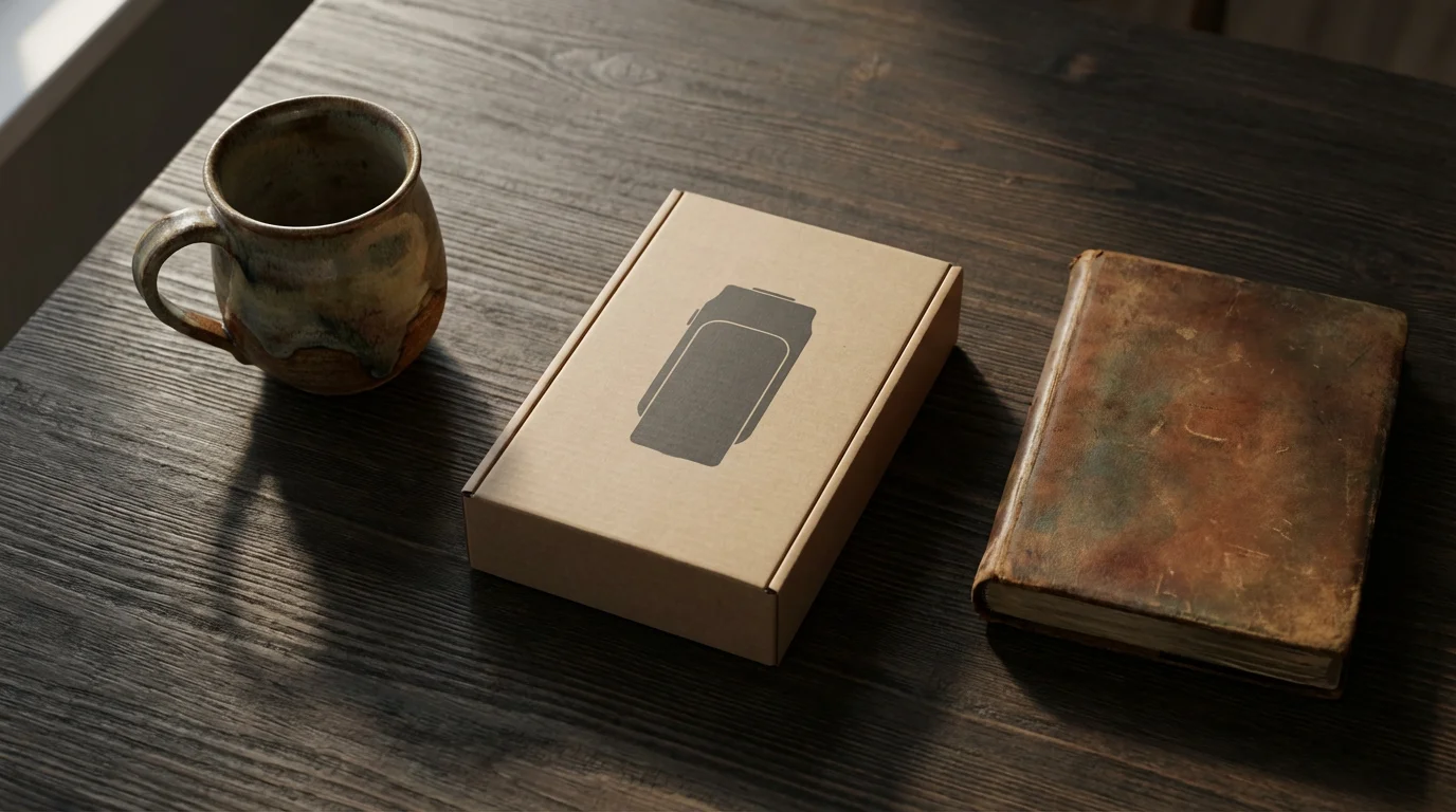 Flat lay of items representing online selling platforms: a handmade mug, a vintage journal, and a new gadget.
