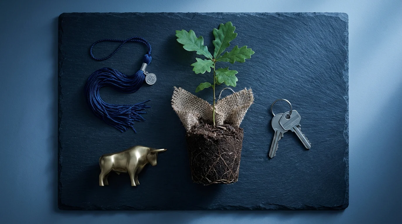 Flat lay of items symbolizing generational wealth: a sapling, keys, tassel, and bull.