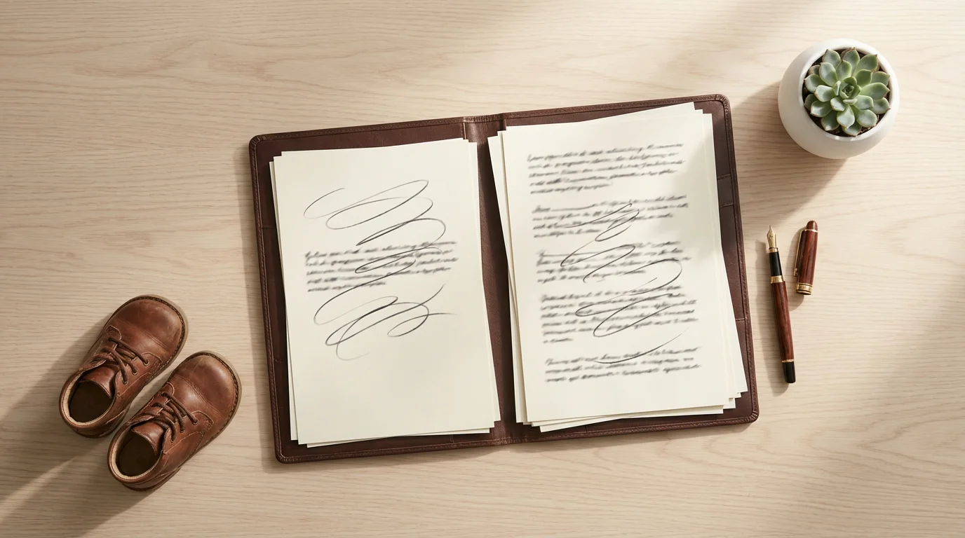 Flat lay of legal document, fountain pen, and a pair of toddler's shoes.