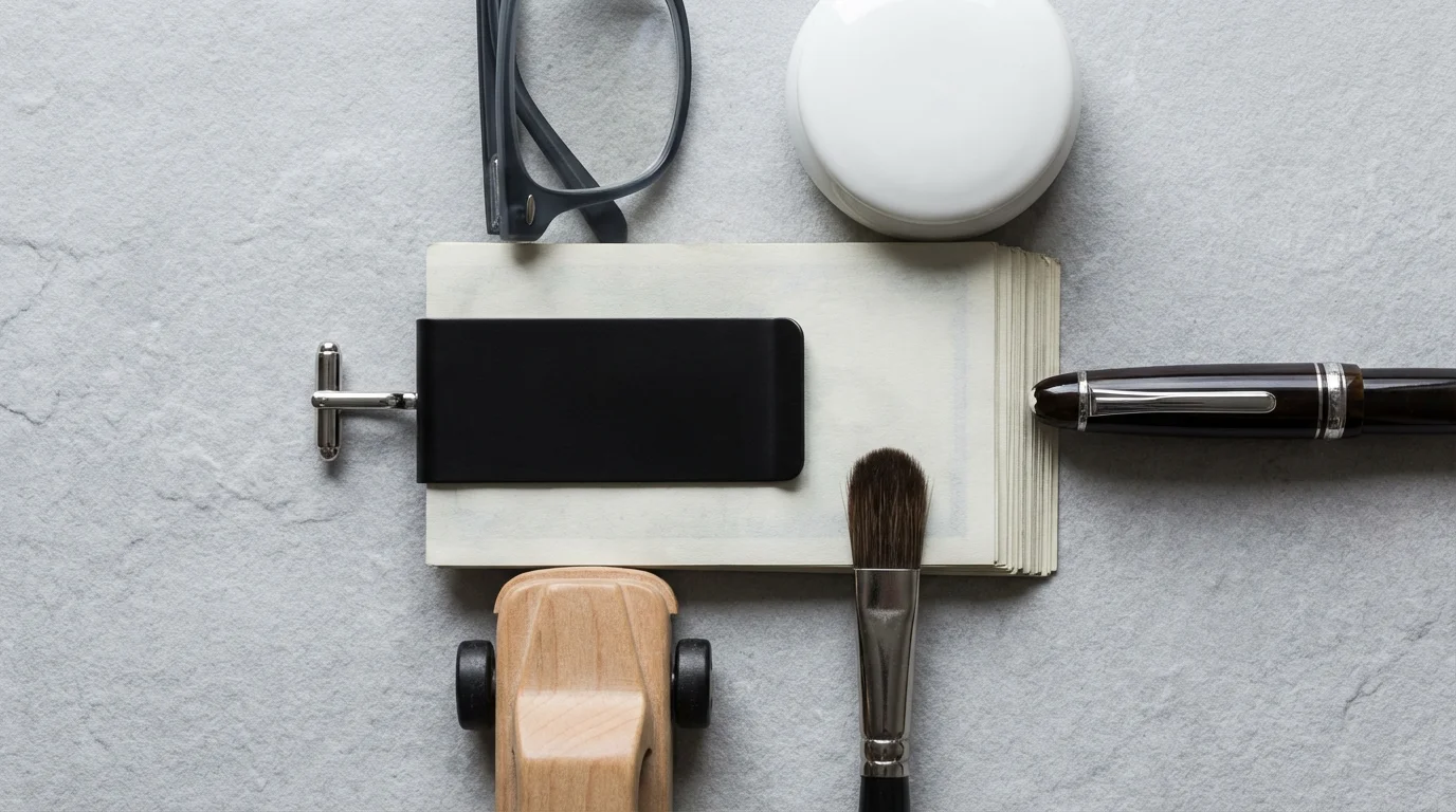 Flat lay of money clip squeezed by items representing family and lifestyle expenses.