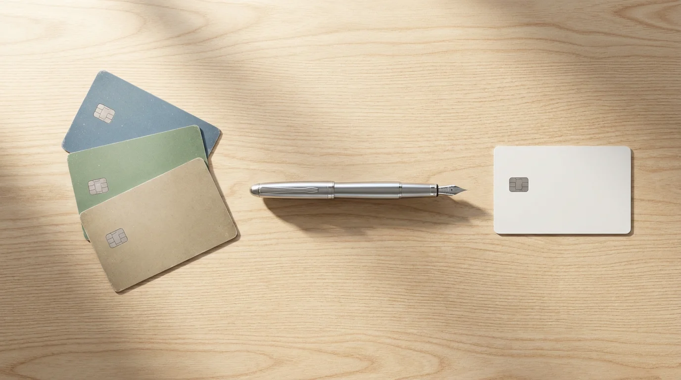 Flat lay of multiple credit cards being consolidated into one single new card.