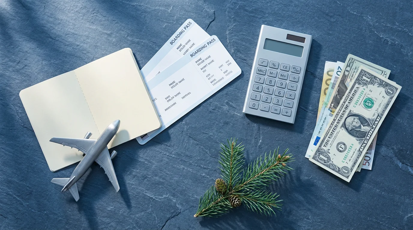 Flat lay of passport, airline tickets, cash, and calculator for holiday travel budgeting.