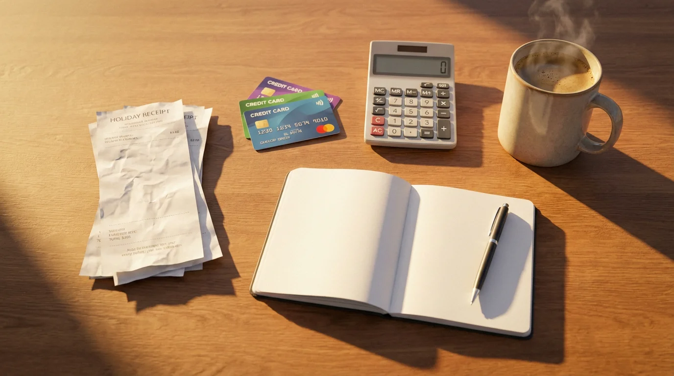 Flat lay of receipts, credit cards, calculator, and coffee during golden hour.