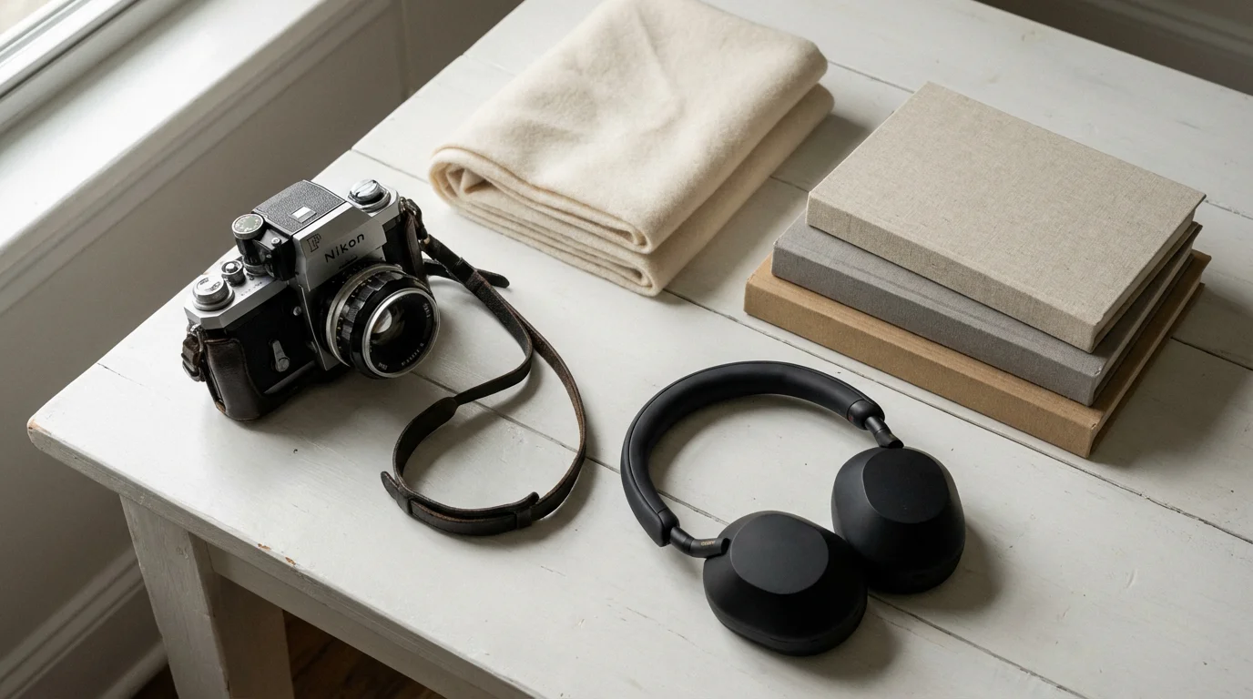 Flat lay of second-hand items like a camera, headphones, and scarf for sale.