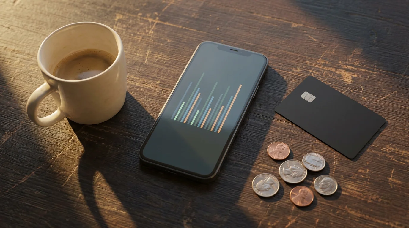 Flat lay of smartphone with banking app, coffee, credit card, and coins on table.