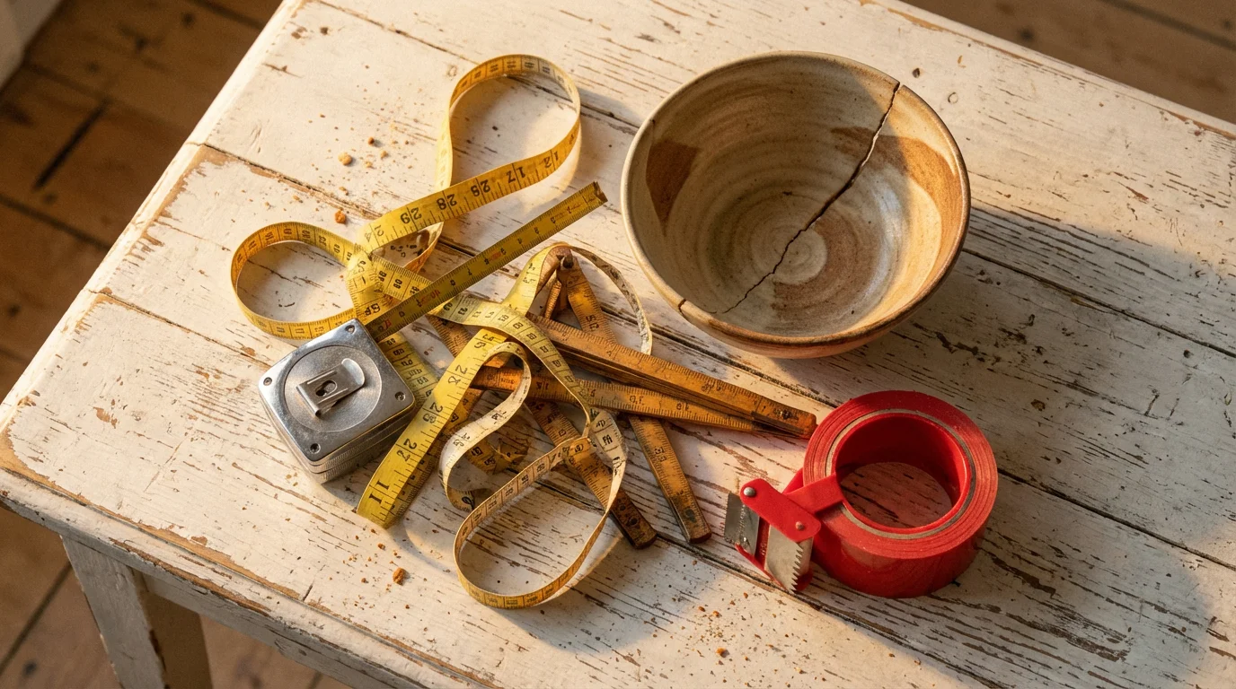 Flat lay of tangled measuring tapes and a cracked ceramic bowl symbolizing online selling risks.