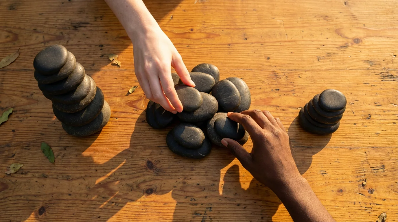 Flat lay of two hands moving stones from unequal stacks to a shared pile.