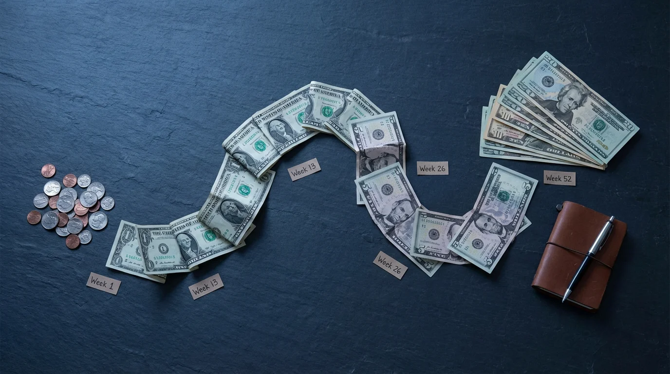 Flat lay of US coins and bills arranged in a progressively growing path on a dark surface.