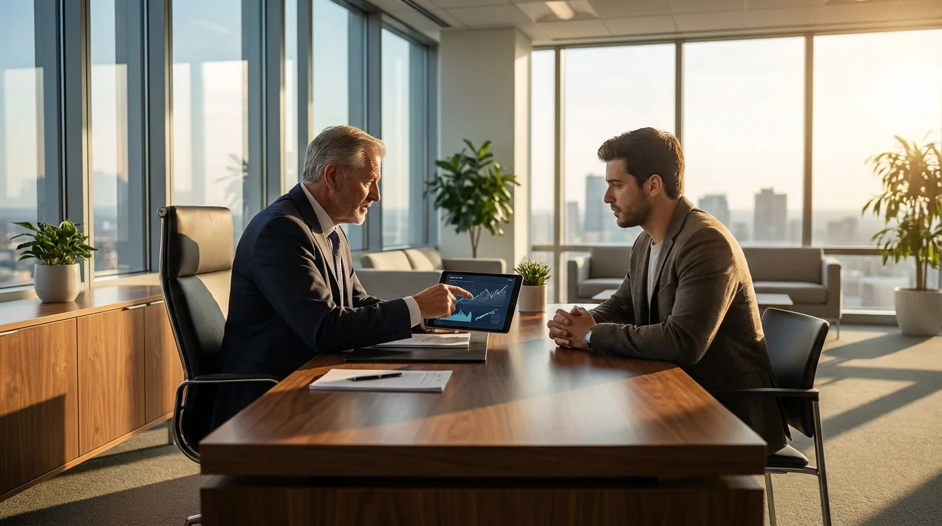 Freelancer in a sunlit office receiving financial advice from a professional advisor.