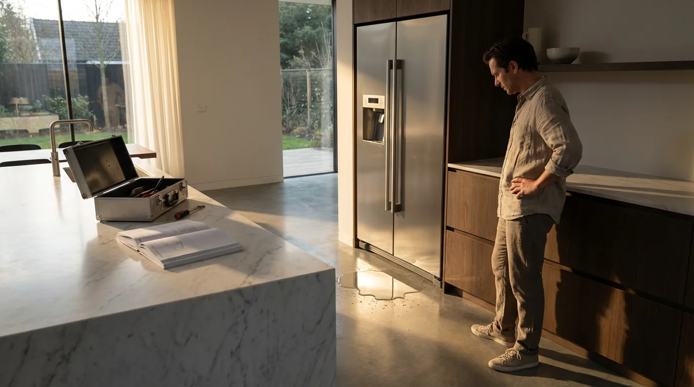Frustrated person in a modern kitchen looks at a leaking, broken stainless steel refrigerator.