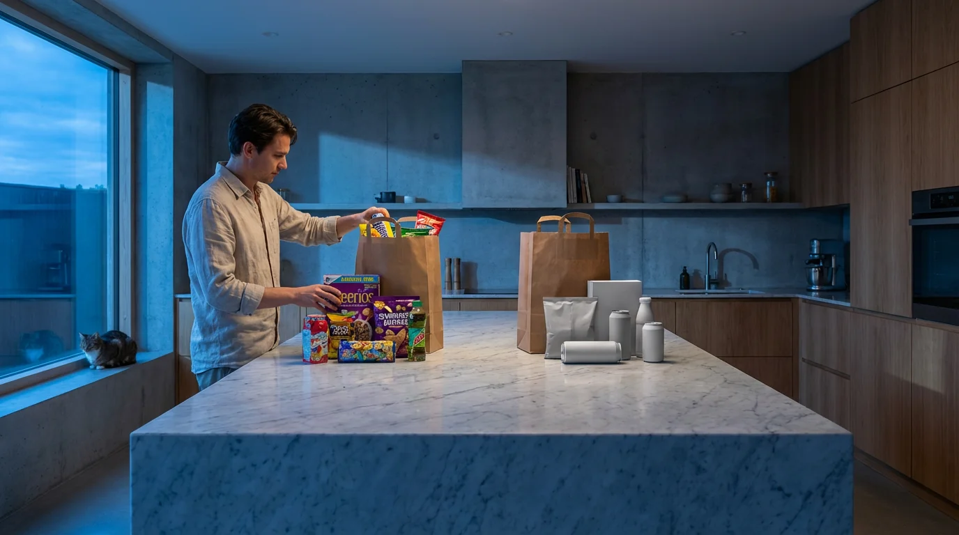 Groceries unpacked on a kitchen island, comparing colorful brand-name and generic product packaging.