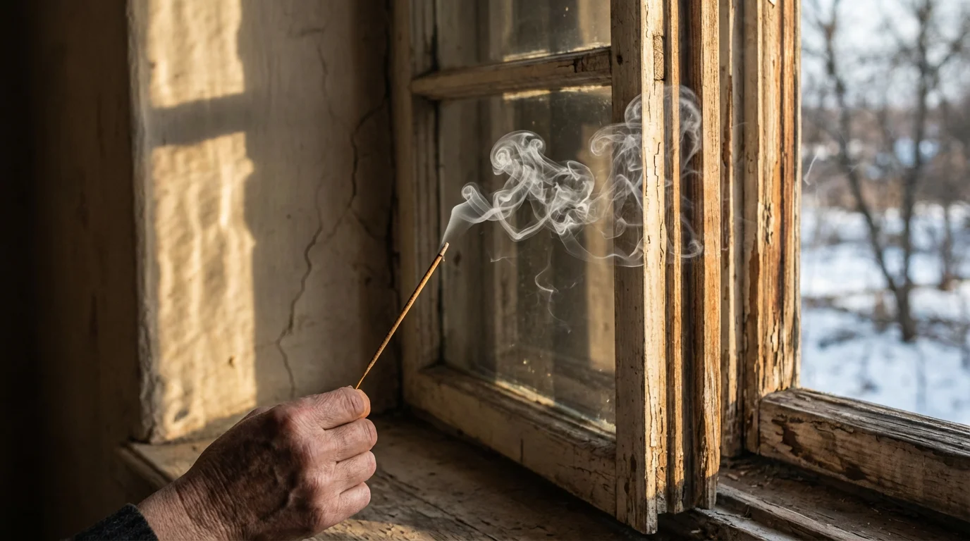 Hand holding a smoking incense stick by a window to find a cold draft.