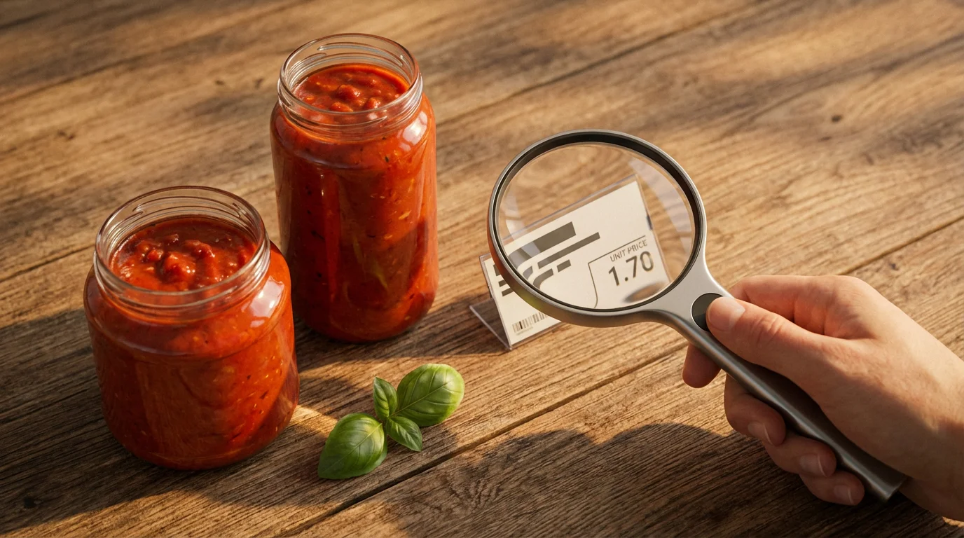 Hand holding magnifying glass over a price tag next to two jars on a counter.