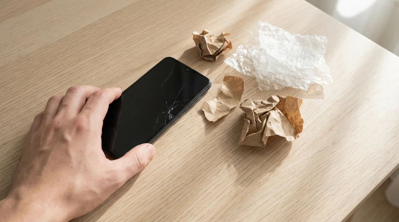 Hand pushing away a refurbished smartphone with a cracked screen on a wooden table.