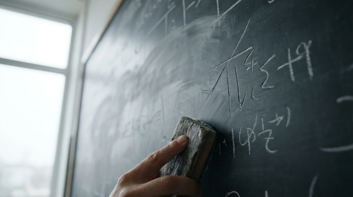 Hand with an eraser wiping a chalkboard, but some stubborn chalk lines remain visible.