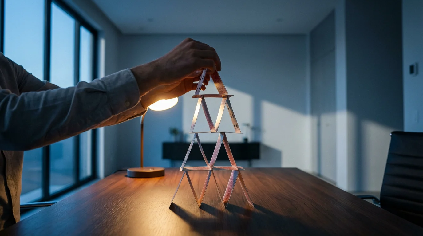 Hands carefully building a tall, unstable house of cards on a desk at dusk.