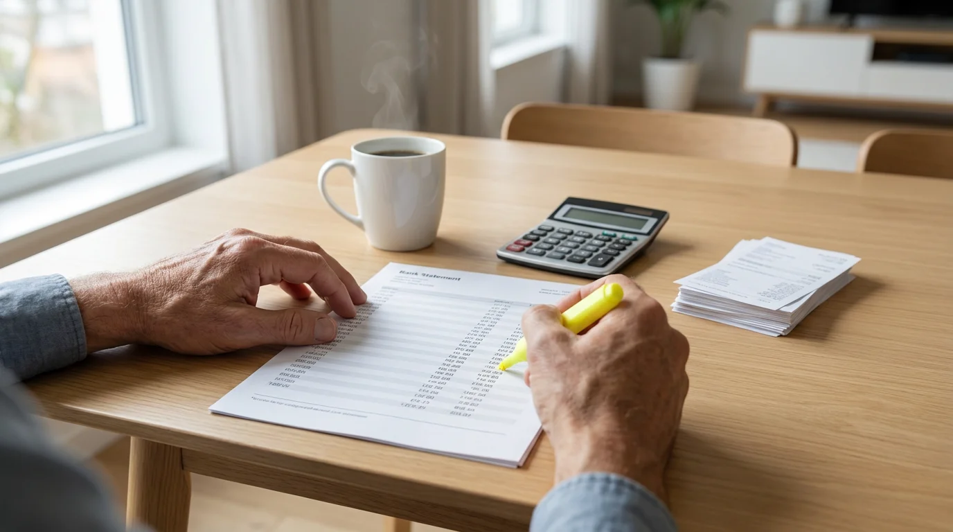 Hands highlighting expenses on a bank statement with a calculator and coffee nearby.