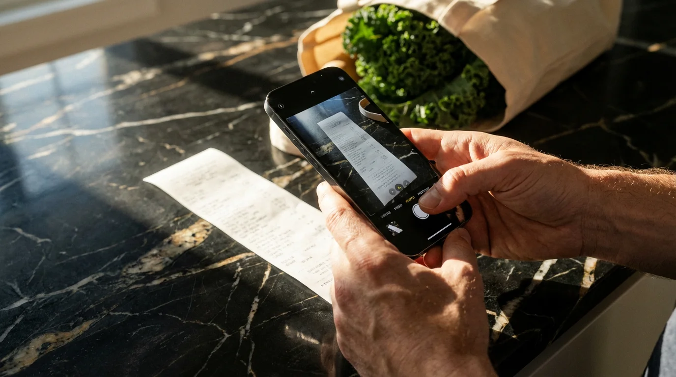 Hands holding a smartphone to photograph a shopping receipt on a kitchen counter.