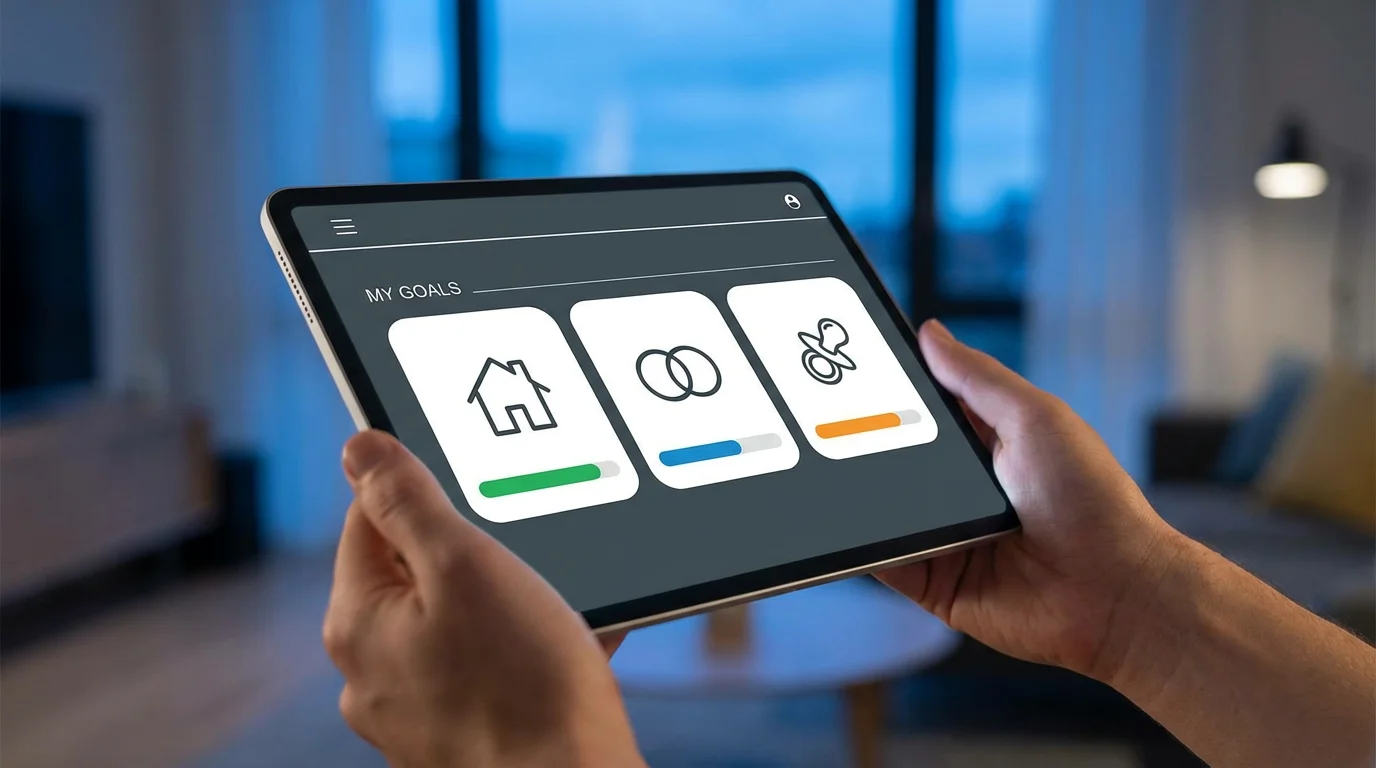 Hands holding a tablet showing a banking app with digital savings buckets at dusk.