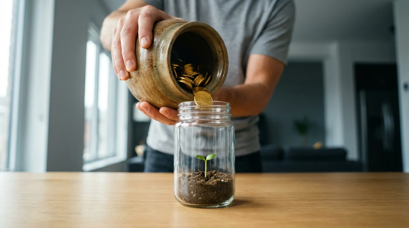 Hands moving gold coins from a ceramic jar to a clear glass jar with a sprout.