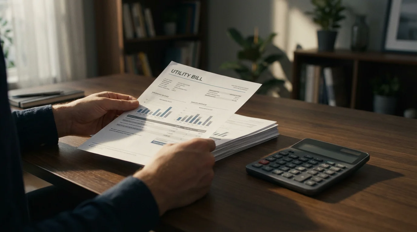 Hands organizing bill statements and a calculator on a dark wooden desk.