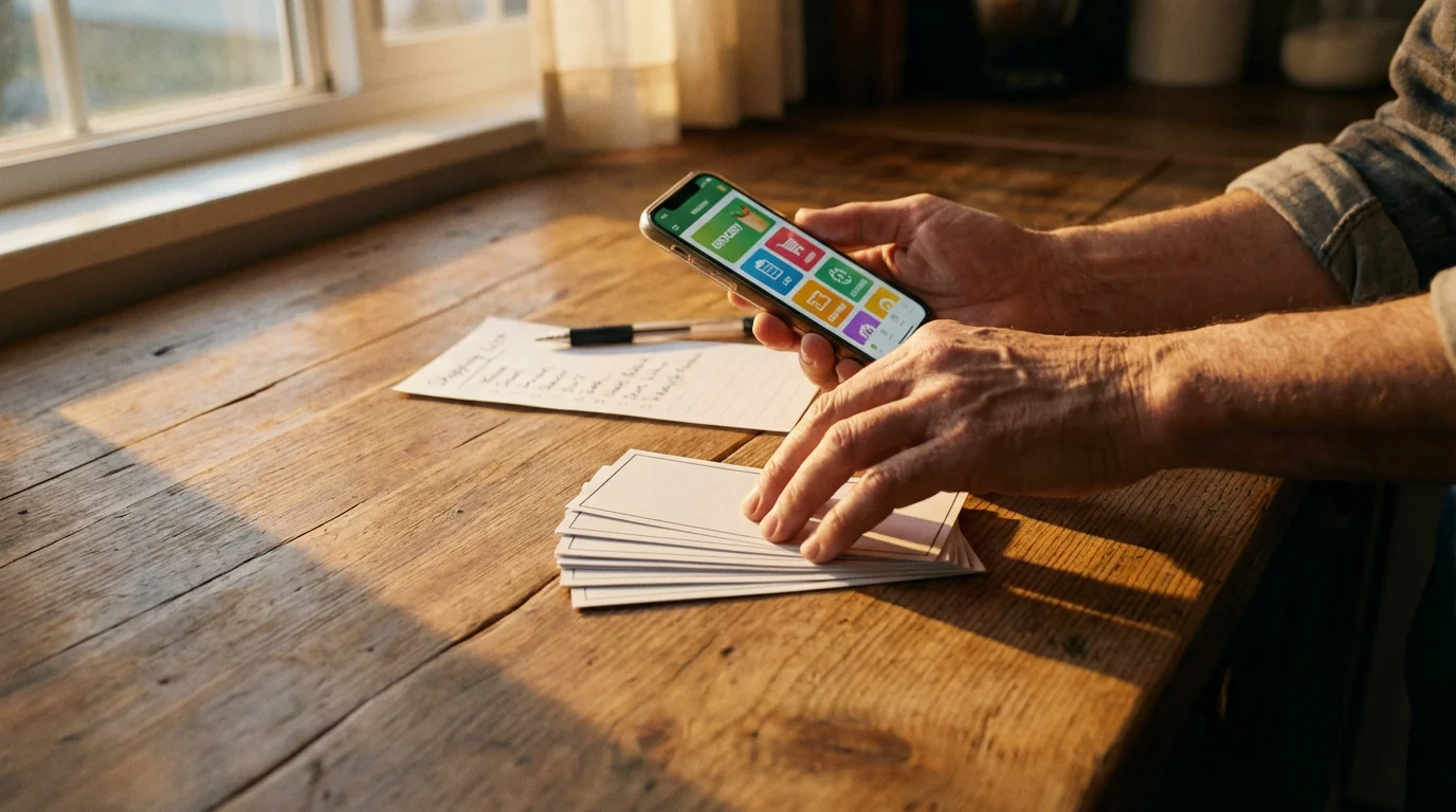 Hands organizing coupons and a smartphone on a wooden table for grocery savings.
