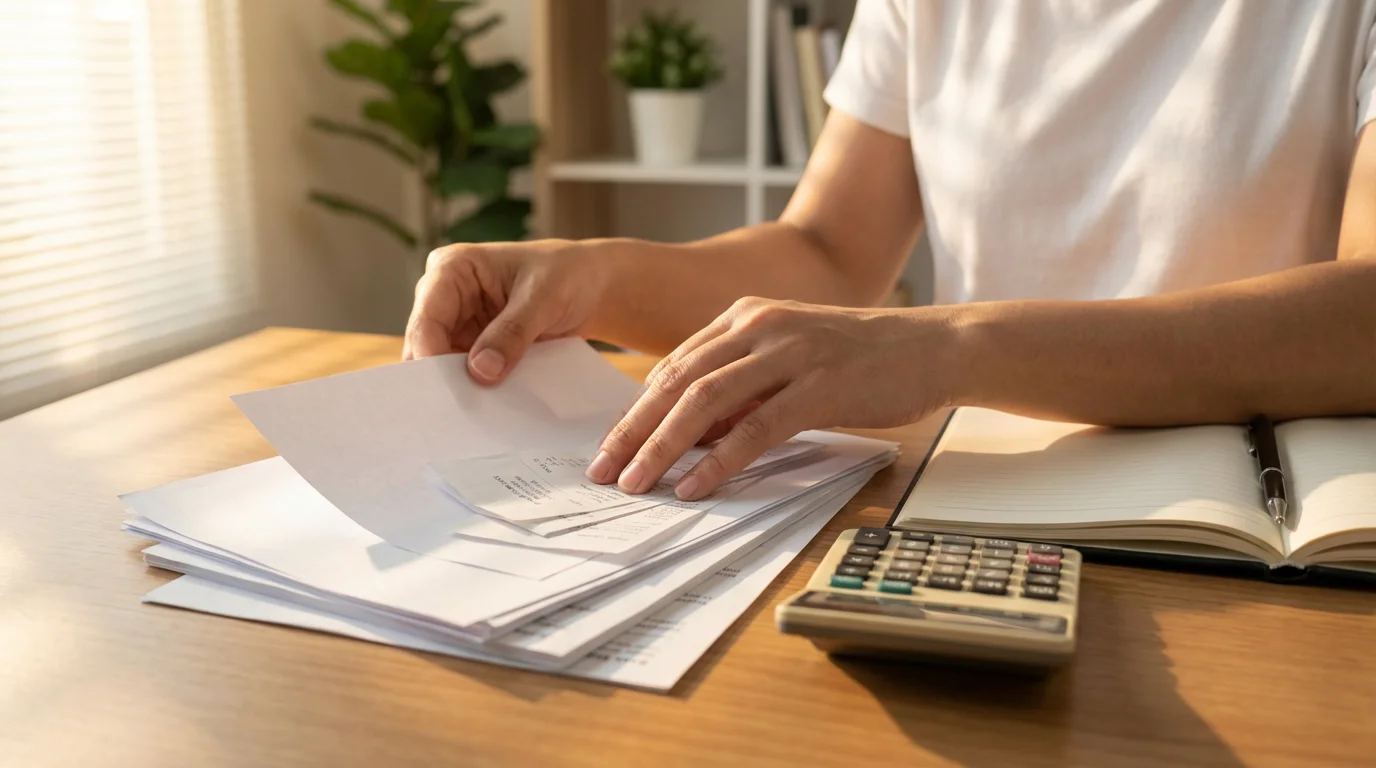 Hands organizing financial papers, receipts, and a calculator on a desk in afternoon sunlight.