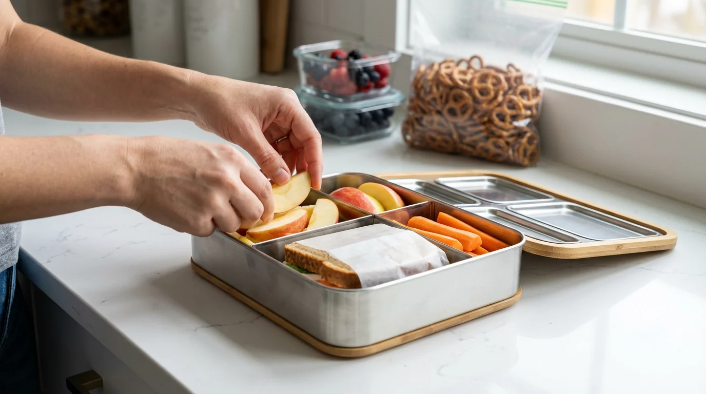 Hands packing a healthy bento box with a sandwich, apples, and carrots.