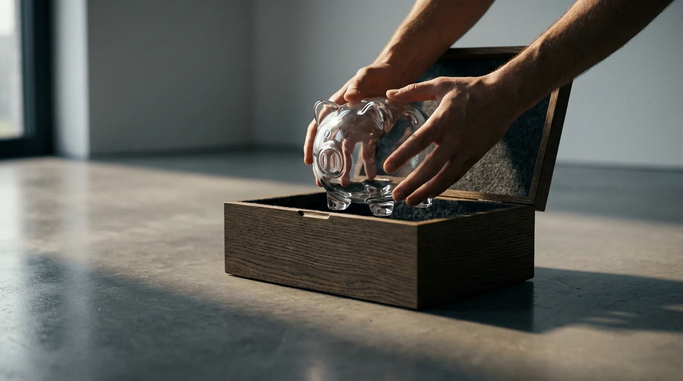 Hands placing a clear glass piggy bank into a protective cushioned wooden box.