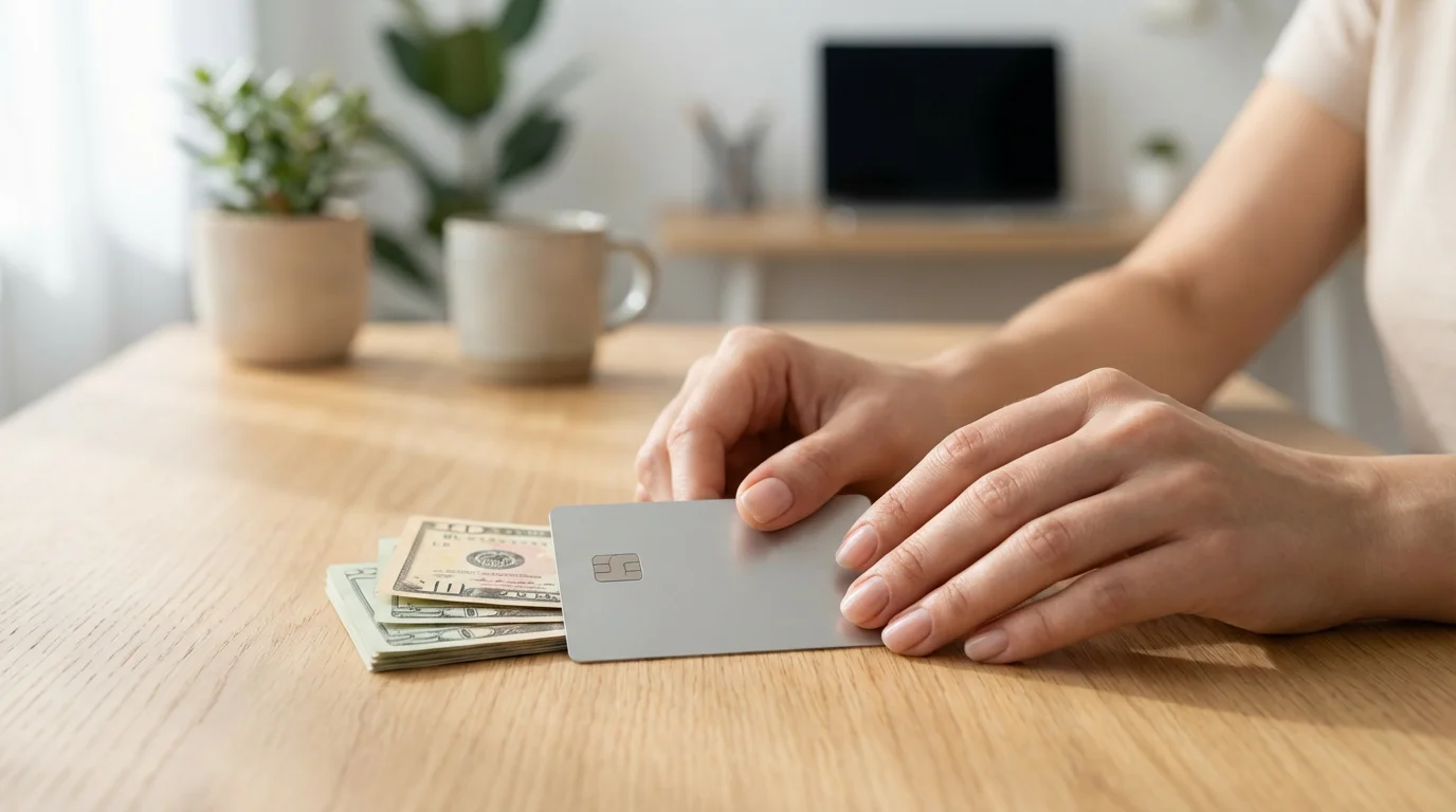 Hands placing a secured credit card and a cash deposit on a sunlit desk.