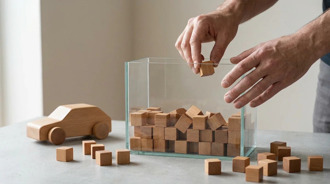 Hands placing small wooden blocks into a glass container, representing saving for a car.