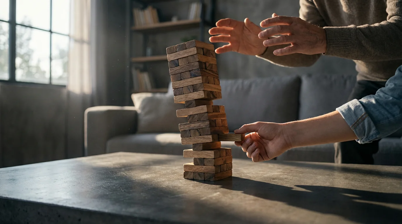 Hands playing a risky game of Jenga, symbolizing financial pitfalls and consequences.