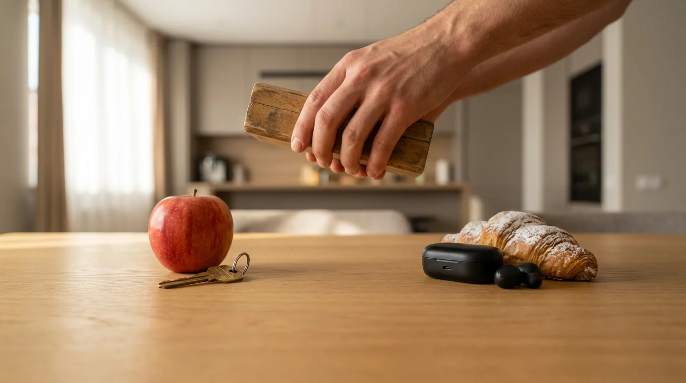 Hands sorting household items like an apple and headphones into needs and wants piles.