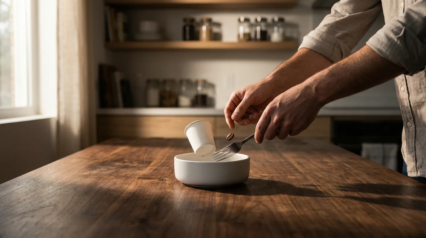 Hands sorting small items representing expenses into a single bowl on a wooden table.