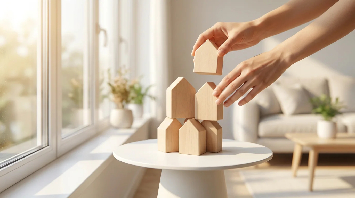 Hands stacking house-shaped wooden blocks on a white table in bright morning light.