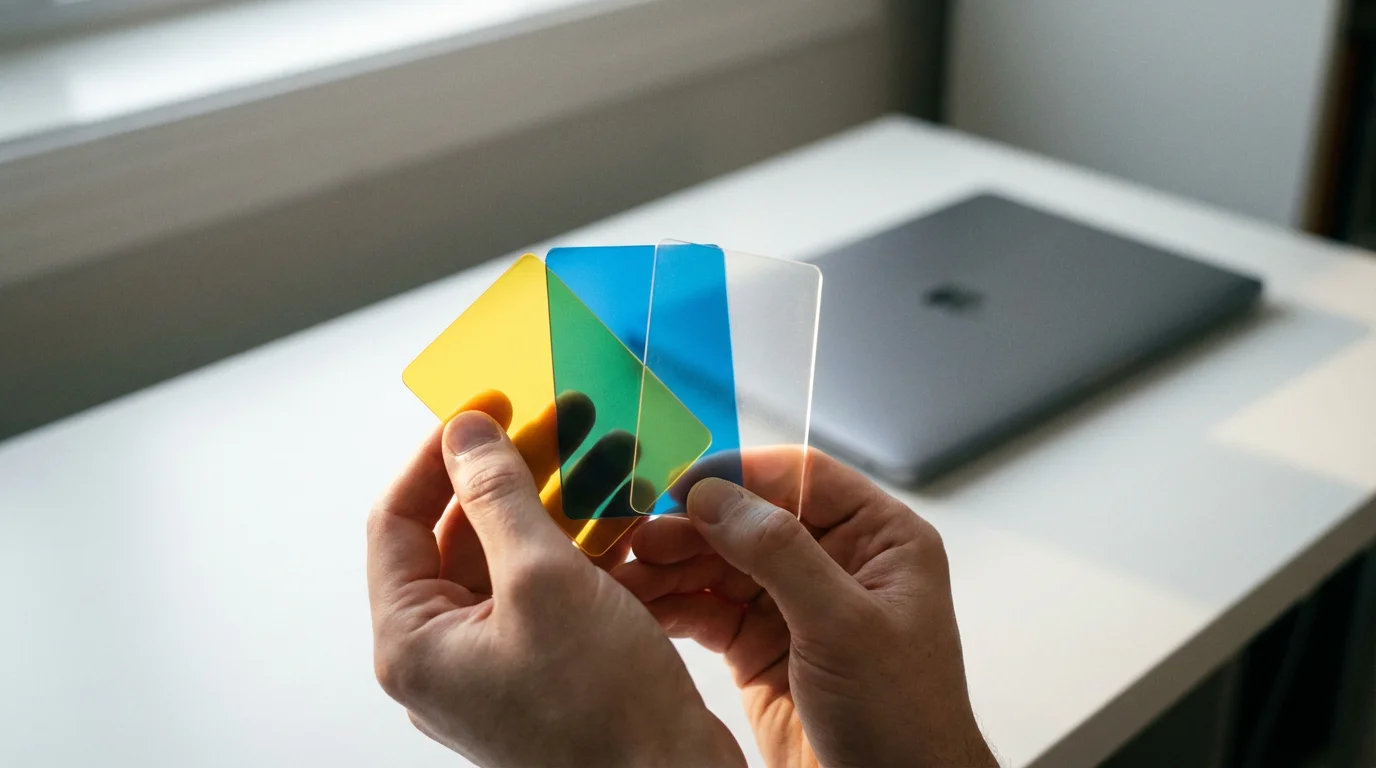 Hands stacking several colored transparent cards in front of a laptop, representing stacking savings.