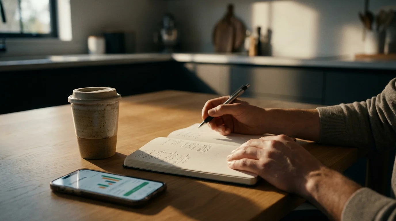 Hands with a pen and notebook next to a coffee and a phone budget app.