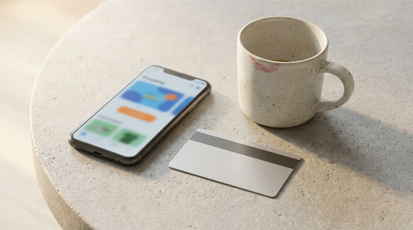 High angle flat lay of a credit card, smartphone, and coffee mug on a tabletop.