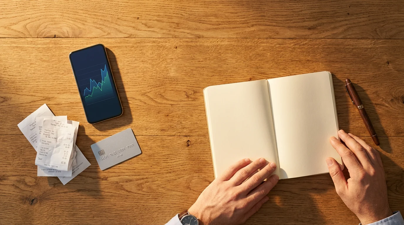 High angle flat lay of a desk with receipts versus a notebook and pen.