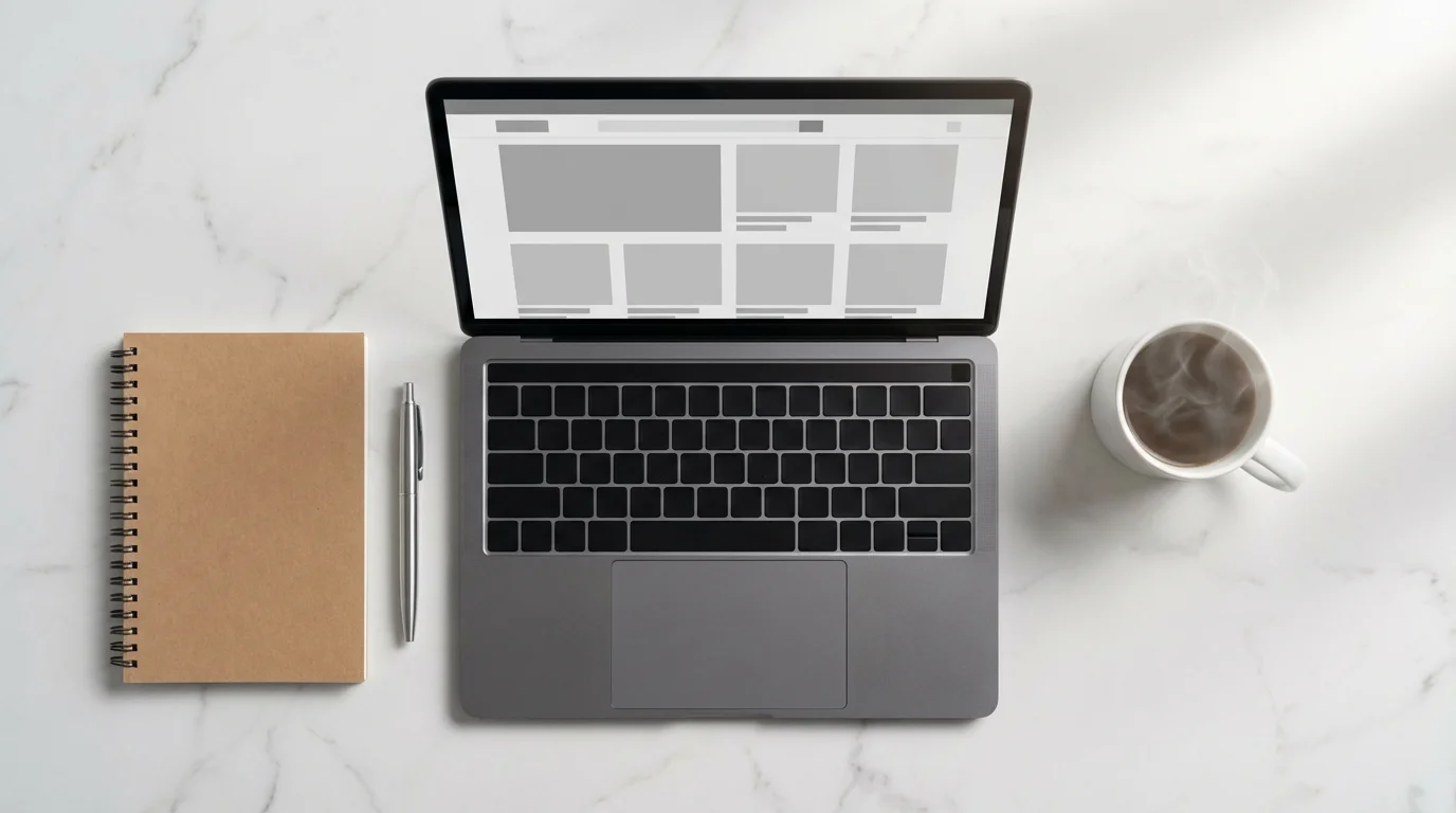 High-angle flat lay of a laptop for online shopping on a clean white desk.